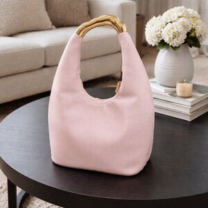 Pink Leather Hobo Shoulder Bag with Gold Handle